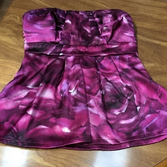 Studio Y Pleated Strapless Top Shimmery Floral Watercolor Pattern XS Satin Feel - Picture 2 of 5